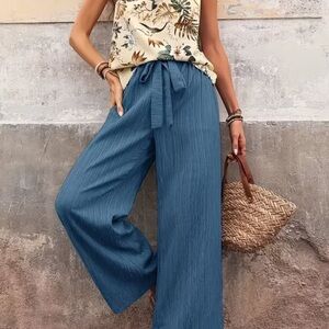 Floral Halter Top with Teal Wide-Leg Pants